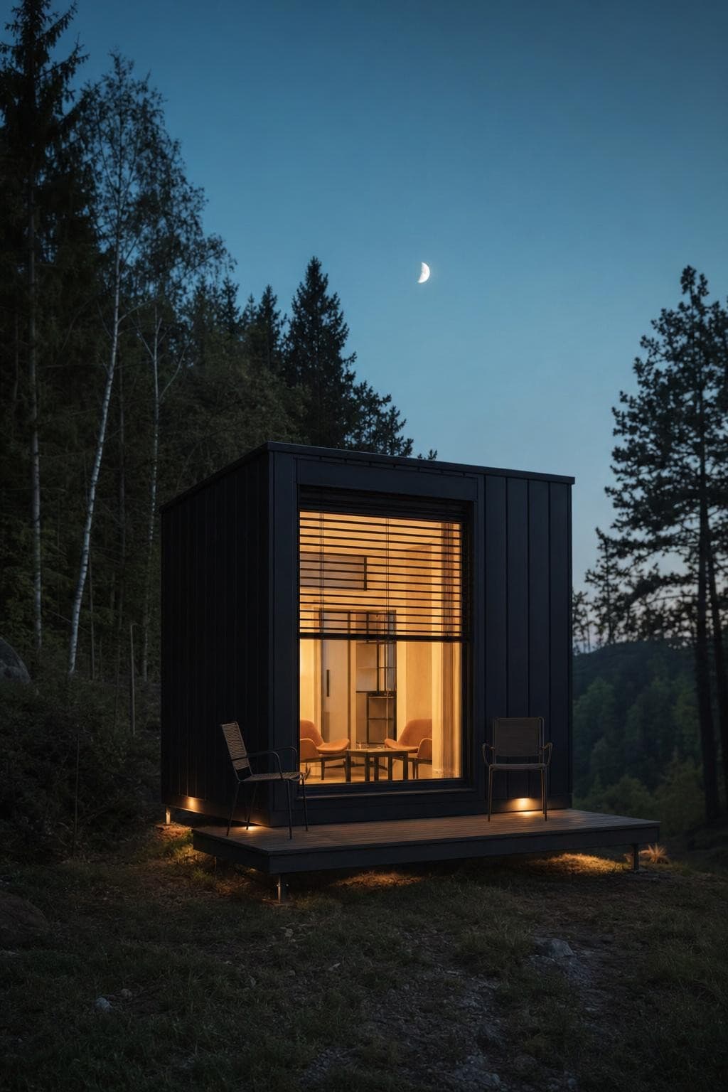 Černý kubický tiny house Achát za soumraku, teplé světlo z velkého okna